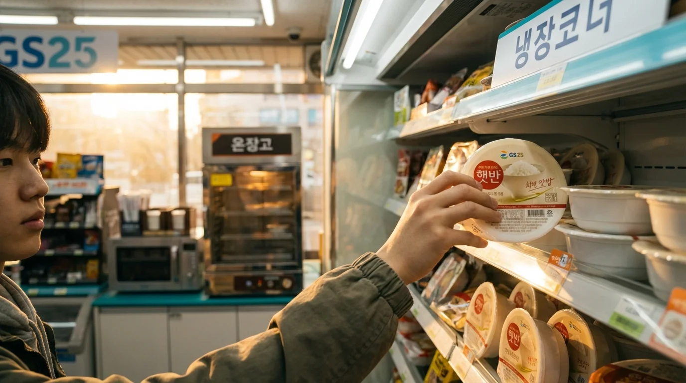 GS25 refrigerated aisle with packaged rice bowls and triangle kimbap lined up under fluorescent lighting