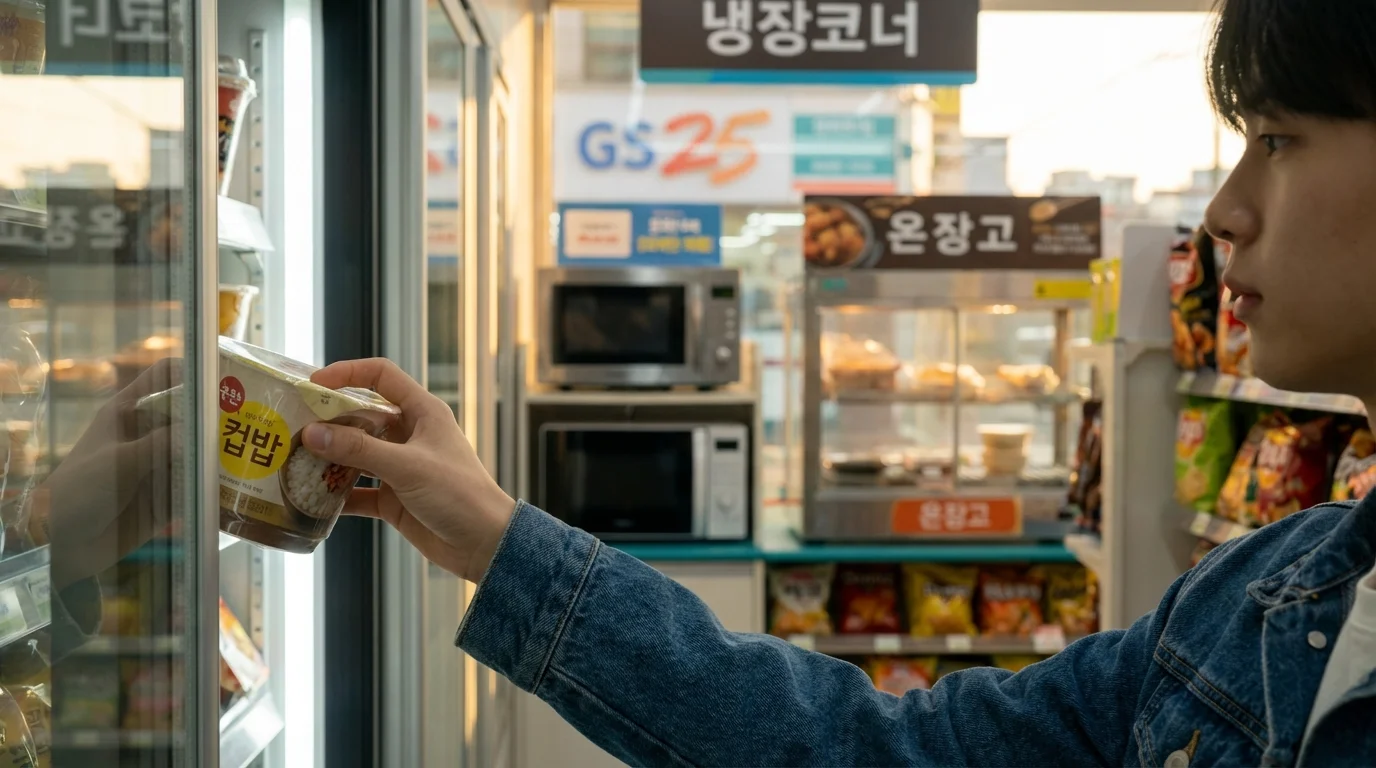 GS25 냉장 코너에서 컵밥과 삼각김밥을 고르는 장면 — 형광 조명 아래 진열된 냉장 식품