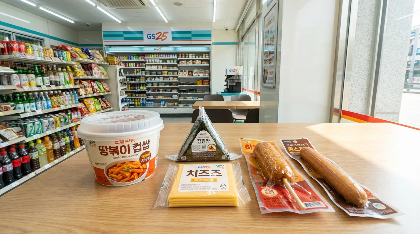 Five-item Korean convenience store meal set arranged on a tray — cup rice, triangle kimbap, and fish cake skewer