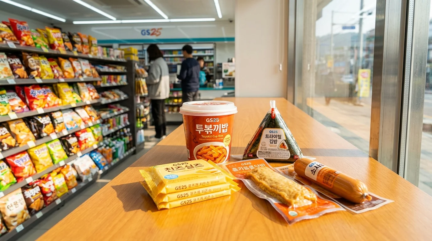 편의점 트레이 위에 차려진 한 끼 정식 — 컵밥·삼각김밥·어묵 다섯 품목 구성