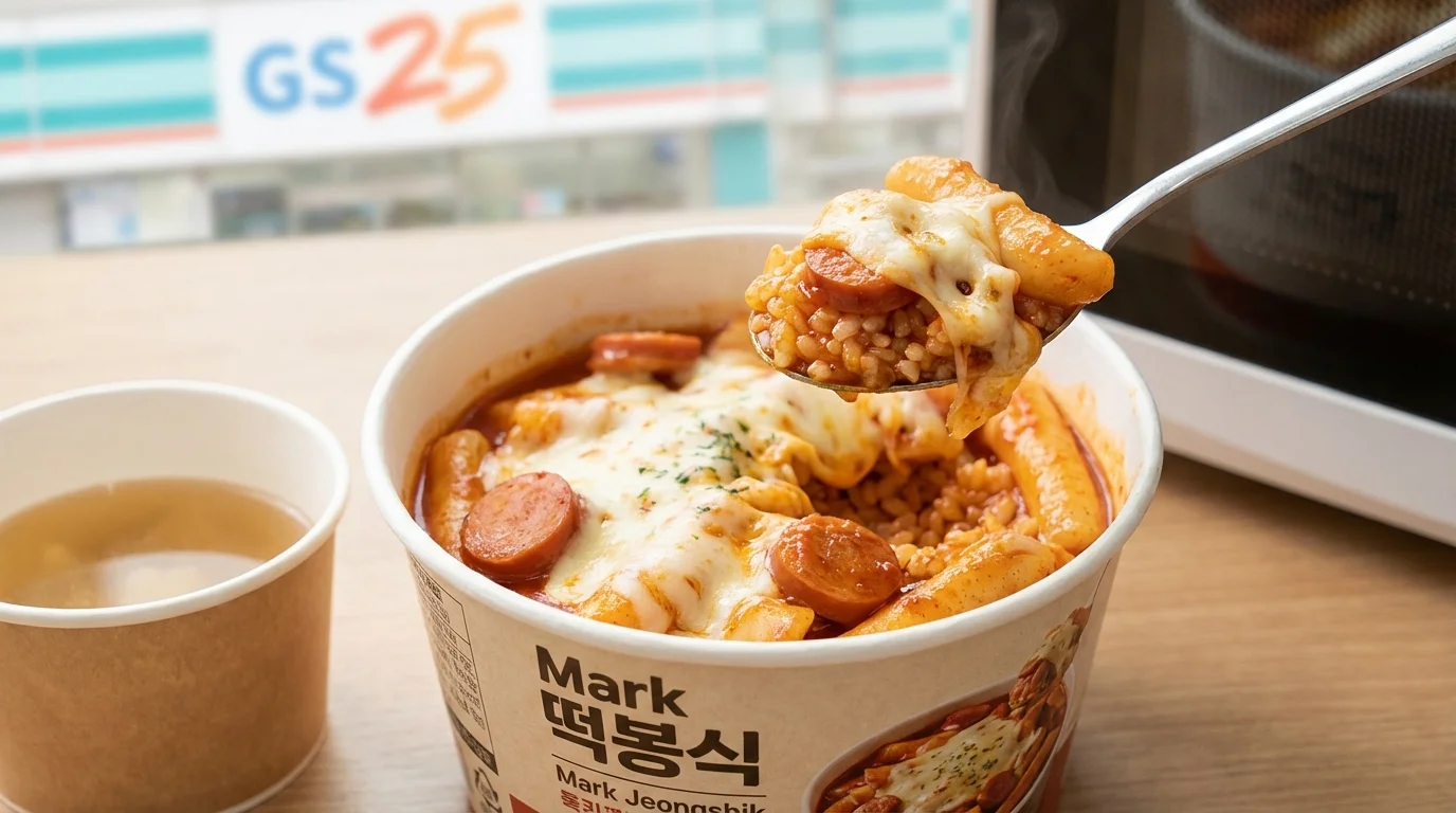 Microwaved cup rice beside a paper cup of fish cake broth — full convenience store meal ready to eat