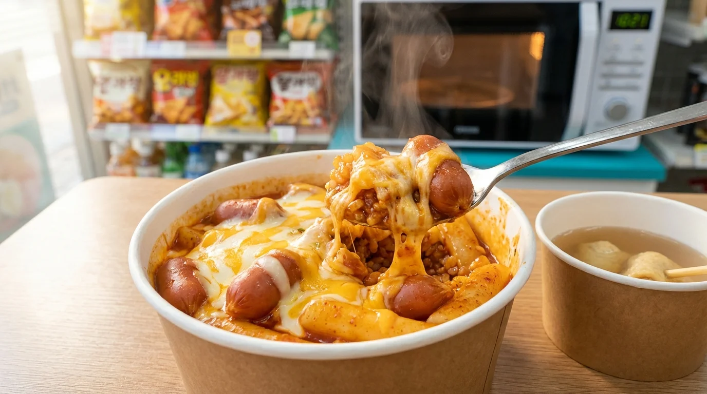 전자레인지 조리 후 트레이 위에 차려진 편의점 정식 — 따뜻한 어묵 국물과 데워진 컵밥