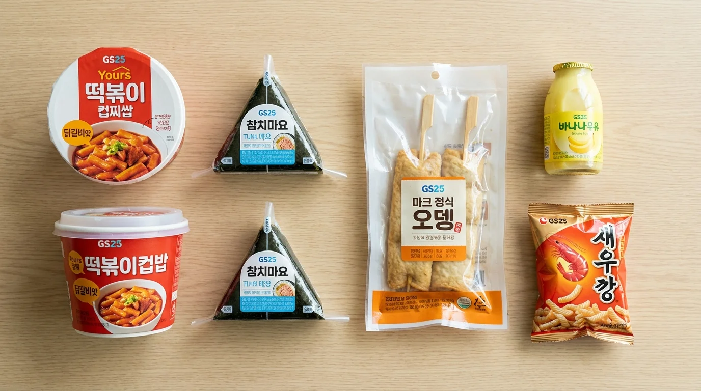 GS25 shopping basket with cup rice, triangle kimbap, fish cake, banana milk, and mini shrimp crackers