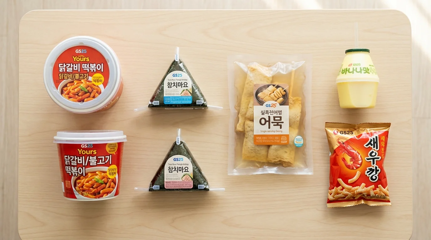 GS25 바구니 안의 컵밥·삼각김밥·어묵·바나나우유·새우깡 미니 다섯 품목